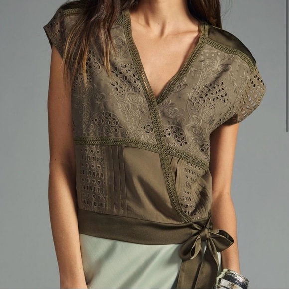 Anthropologie khaki/green lace and silk top - Picture 2 of 12